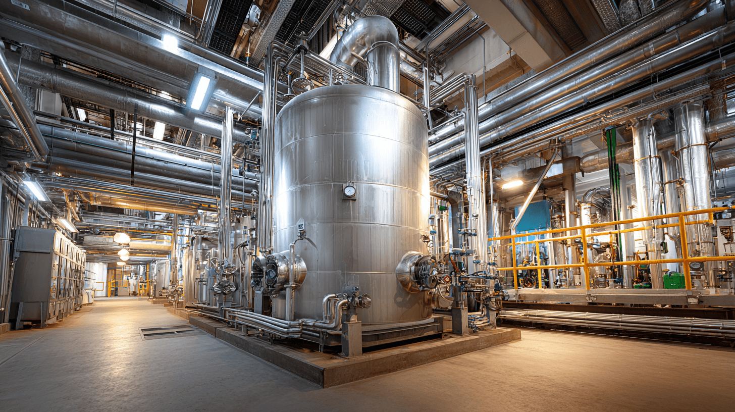 Chemische Produktionsanlage mit Edelstahlbehältern, Rohrleitungen und Infrastruktur im Anlageninneren