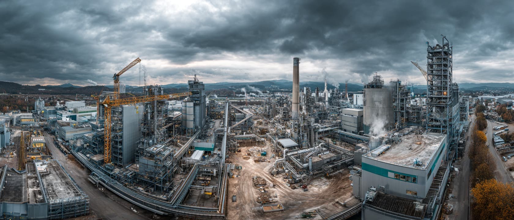 Editorial image showing an industrial control room overlooking a process plant for an article on Europe's industrial backbone.