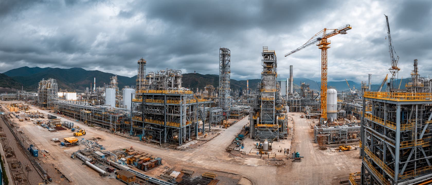 Editorial image showing an indoor process plant hall for an article on plant construction scaling limits.